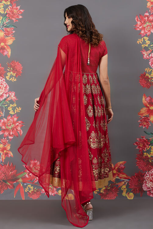 Rohit Bal Red Chanderi Silk Anarkali Solid Suit Set image number 7