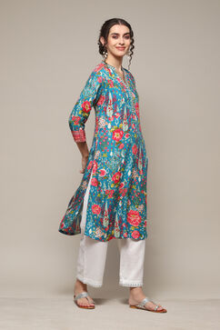 Teal LIVA Straight Printed Kurta image number 4