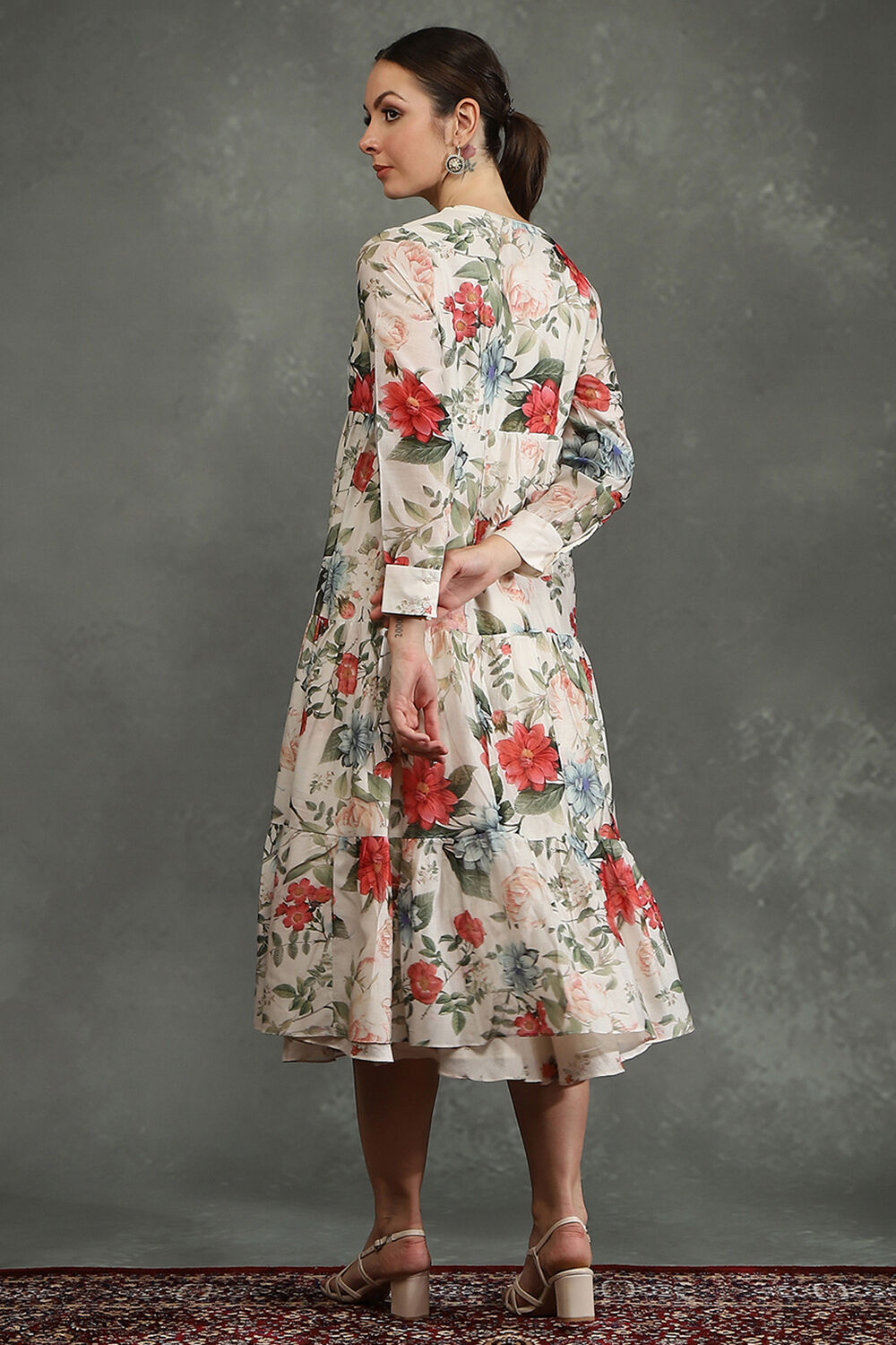 Ivory Silk Chanderi Floral Front-Open Dress image number 3