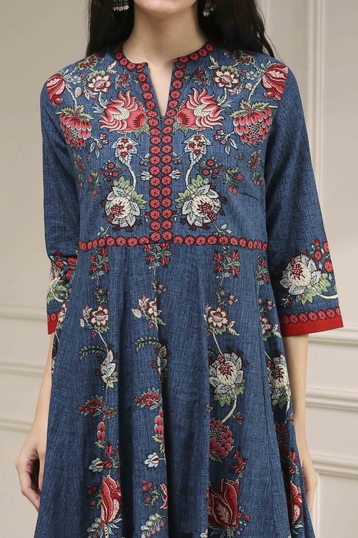 Blue Cotton Printed Anarkali Suit Set image number 1