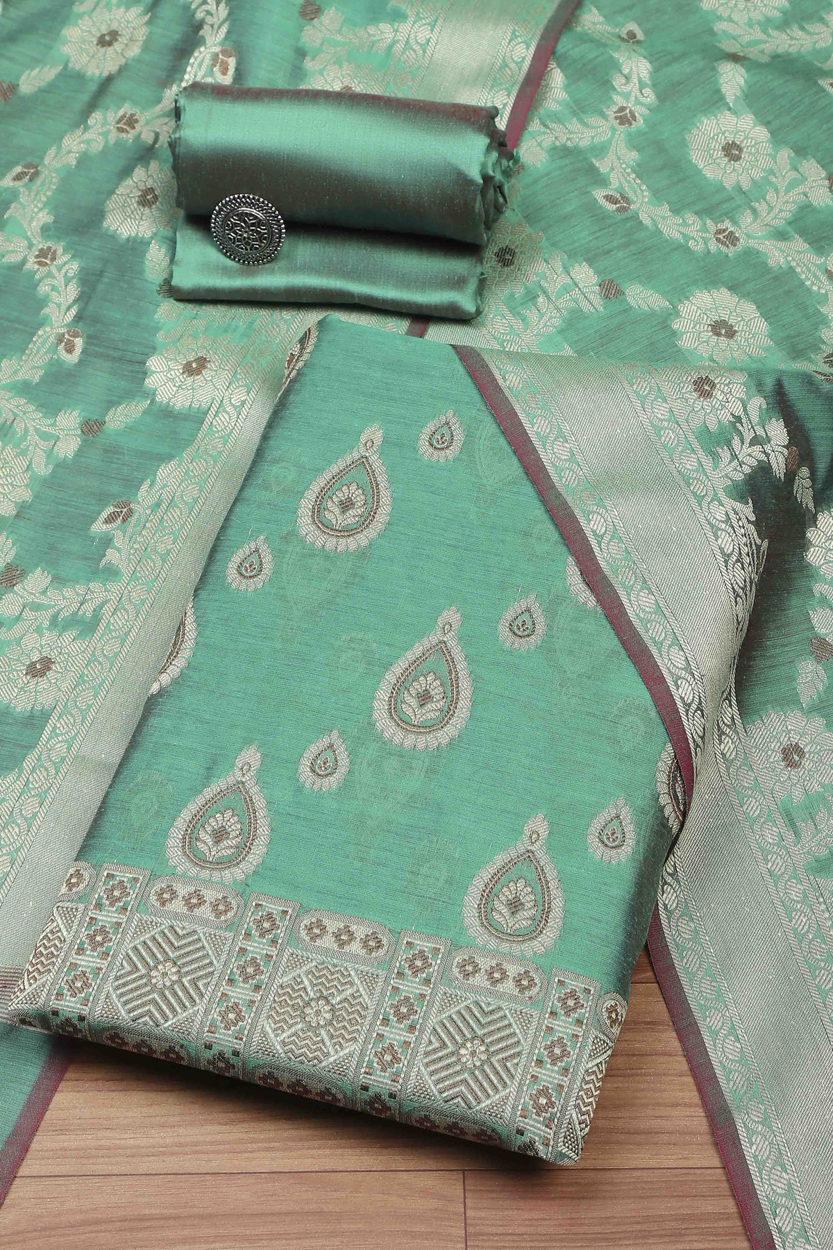 Rose Green Cotton Printed Embroidered Unstitched Suit Set
