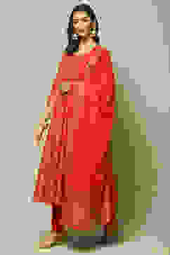 Red Cotton Anarkali Kurta Churidar Suit Set image number 1