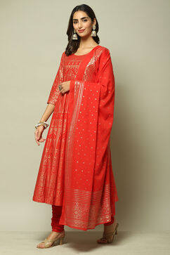 Red Cotton Anarkali Kurta Churidar Suit Set image number 1