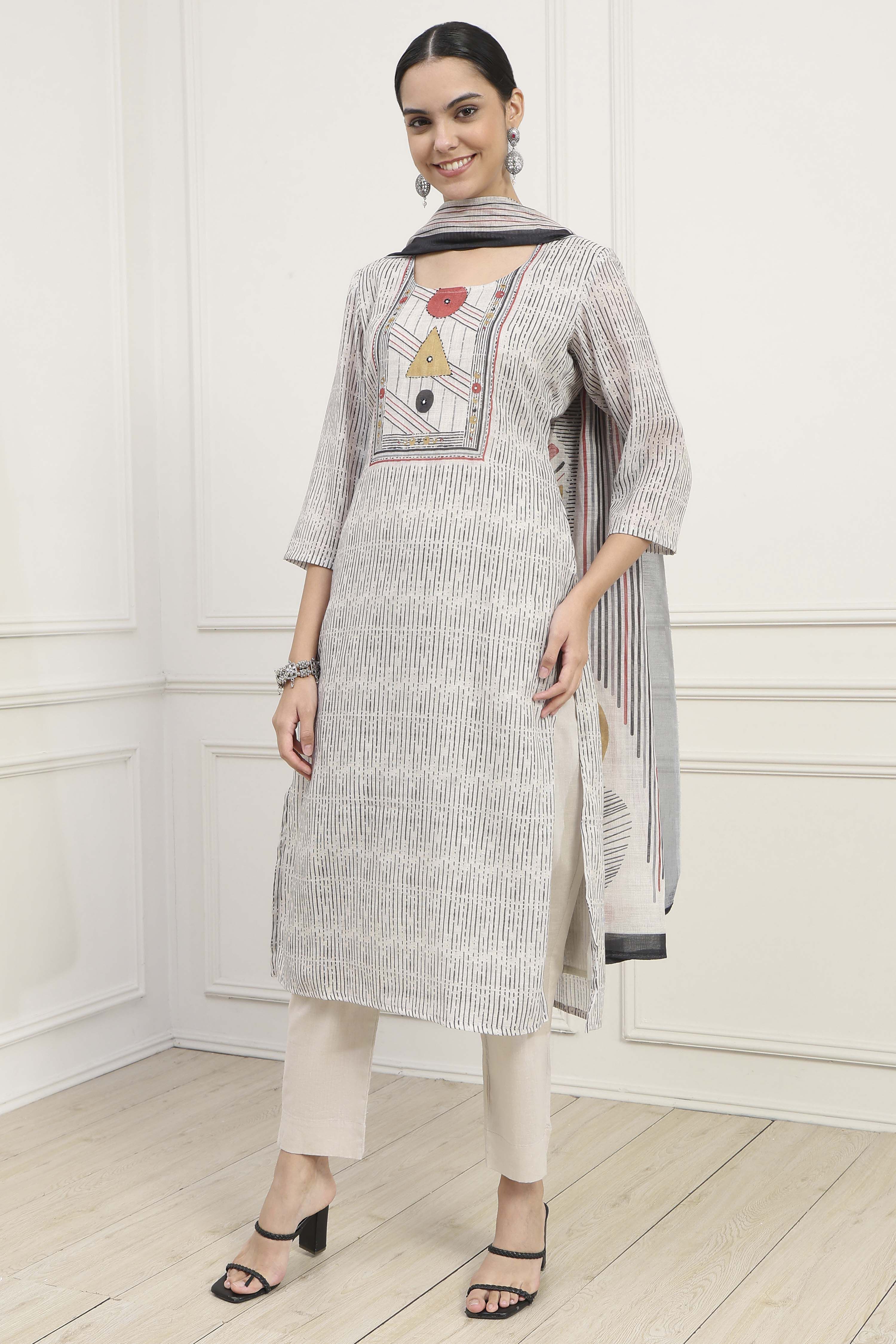 Off White Linen Blend Printed Unstitched Suit Set image number 4