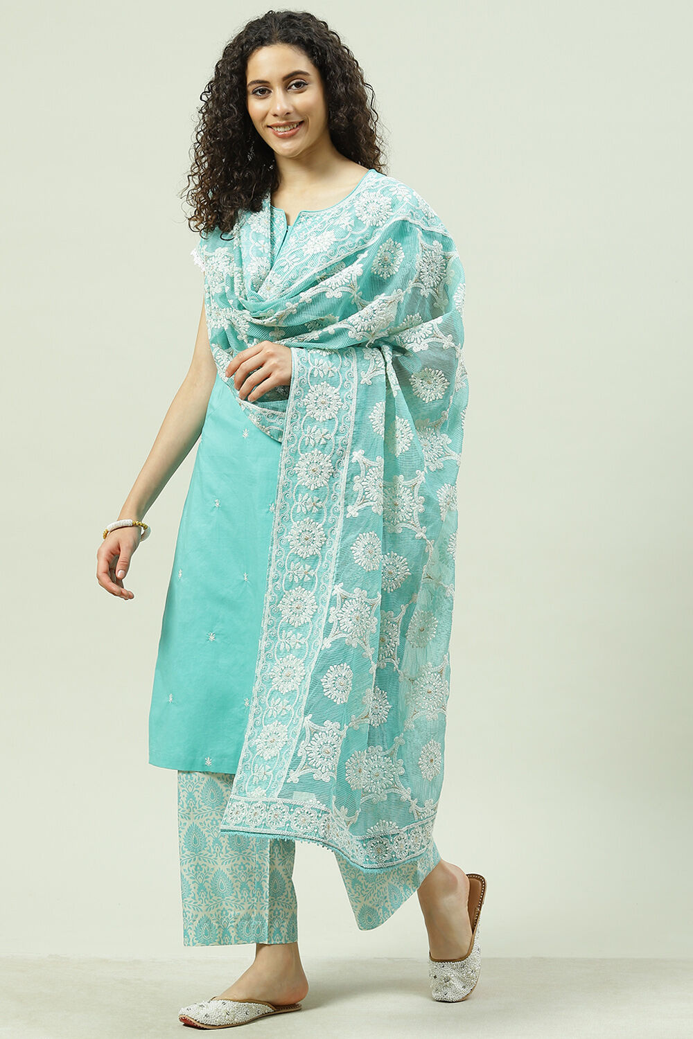 Sea Green Cotton Straight Kurta Palazzo Suit Set image number 5
