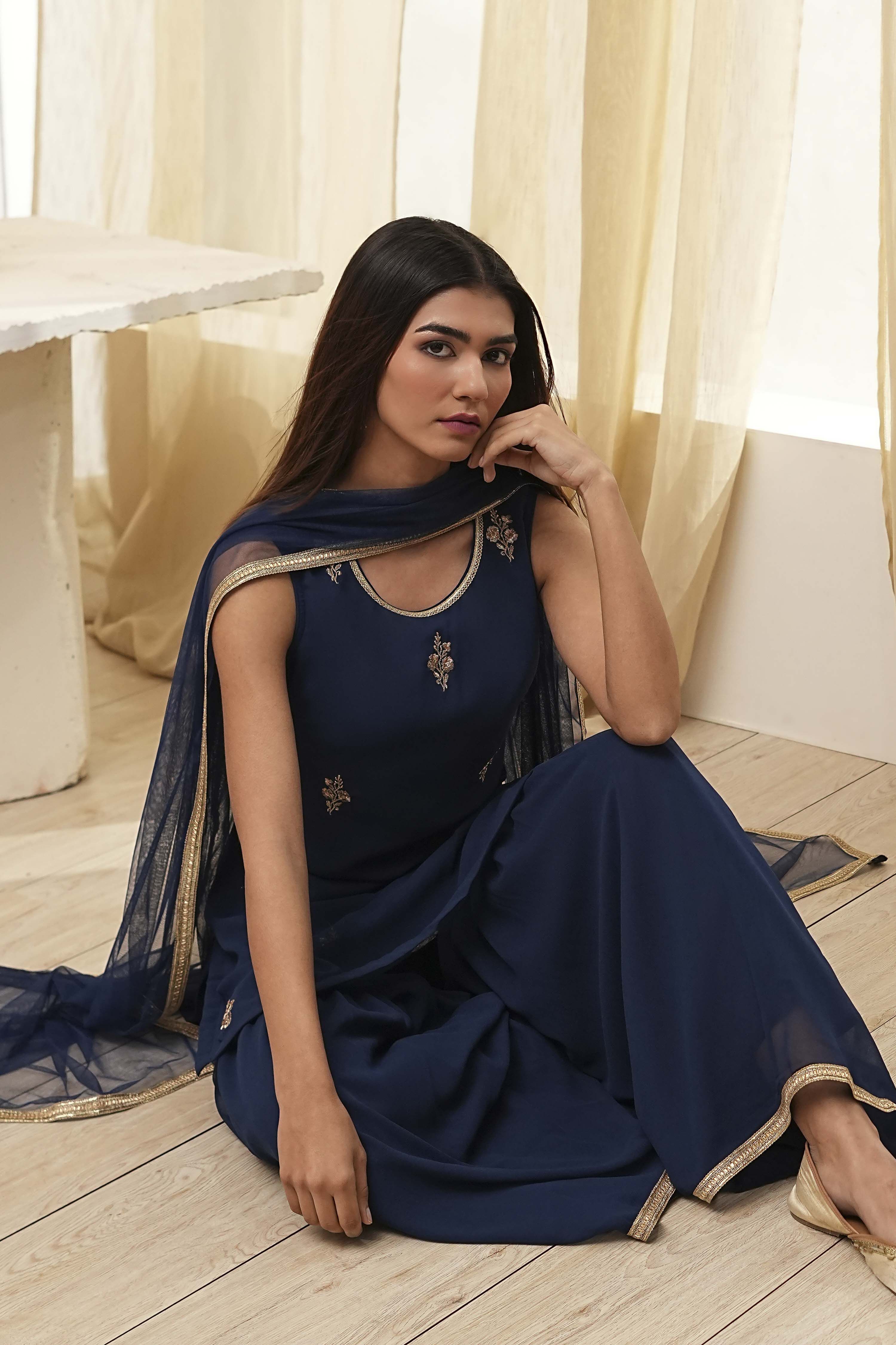 Ochre Yellow Embroidered Straight Suit Set image number 0