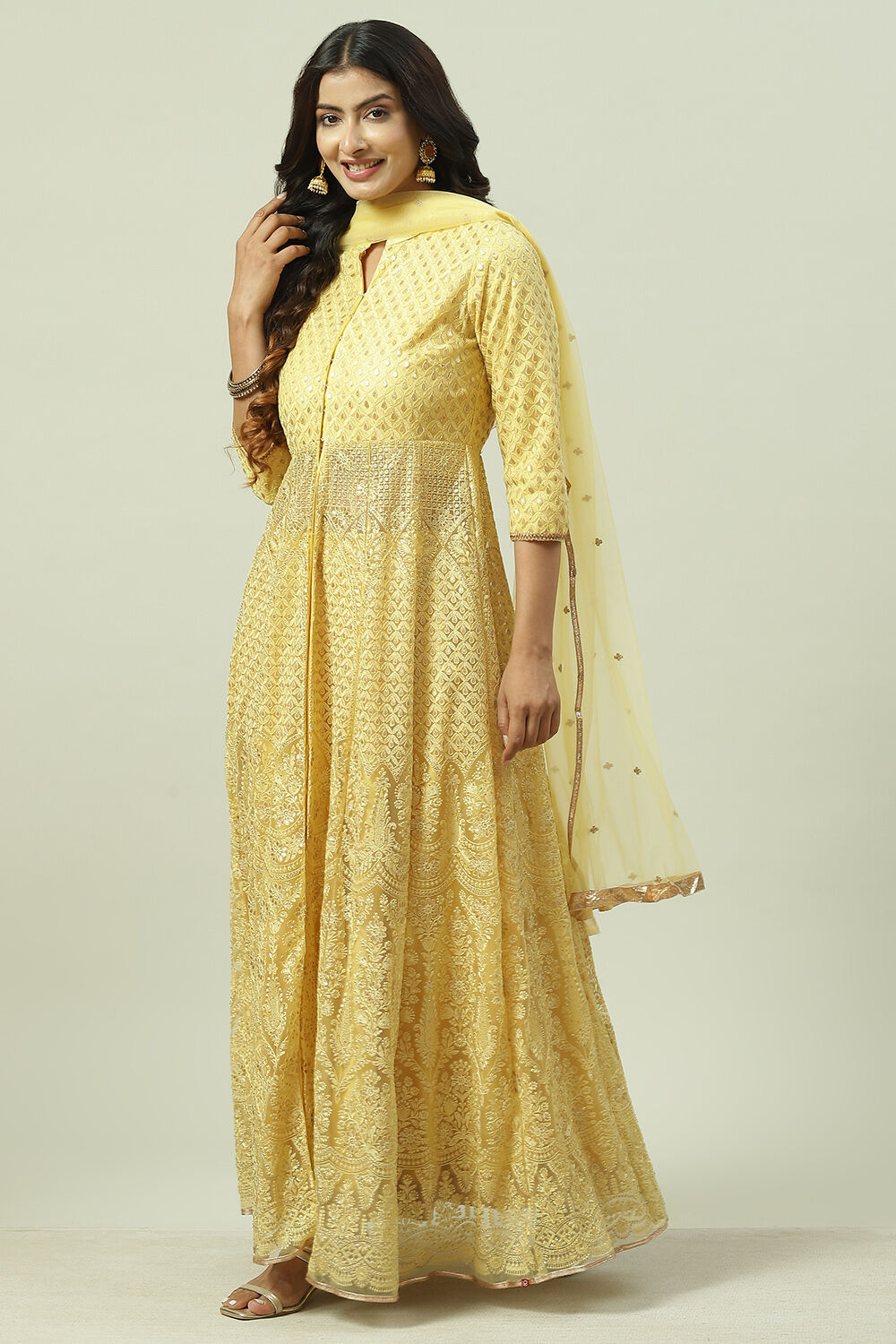 Yellow Flared Kurta Lehenga Suit Set image number 5