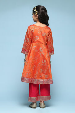 Orange Polyester Front Open Printed Suit Set image number 4