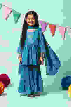 Teal Blue Cotton Flared Printed Kurta Garara Suit Set image number 0