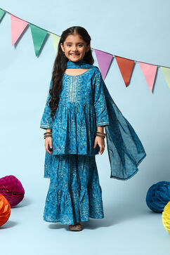 Teal Blue Cotton Flared Printed Kurta Garara Suit Set image number 0