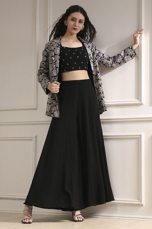 Black Polyester Fitted Embroidered Fusion Set image number 0