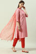 Red Printed Cotton Straight Kurta Slim Pant Suit Set image number 5