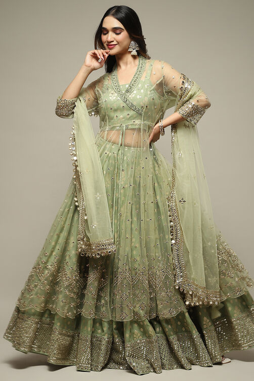 Mint Green Nylon Embroidered Lehenga Set image number 7