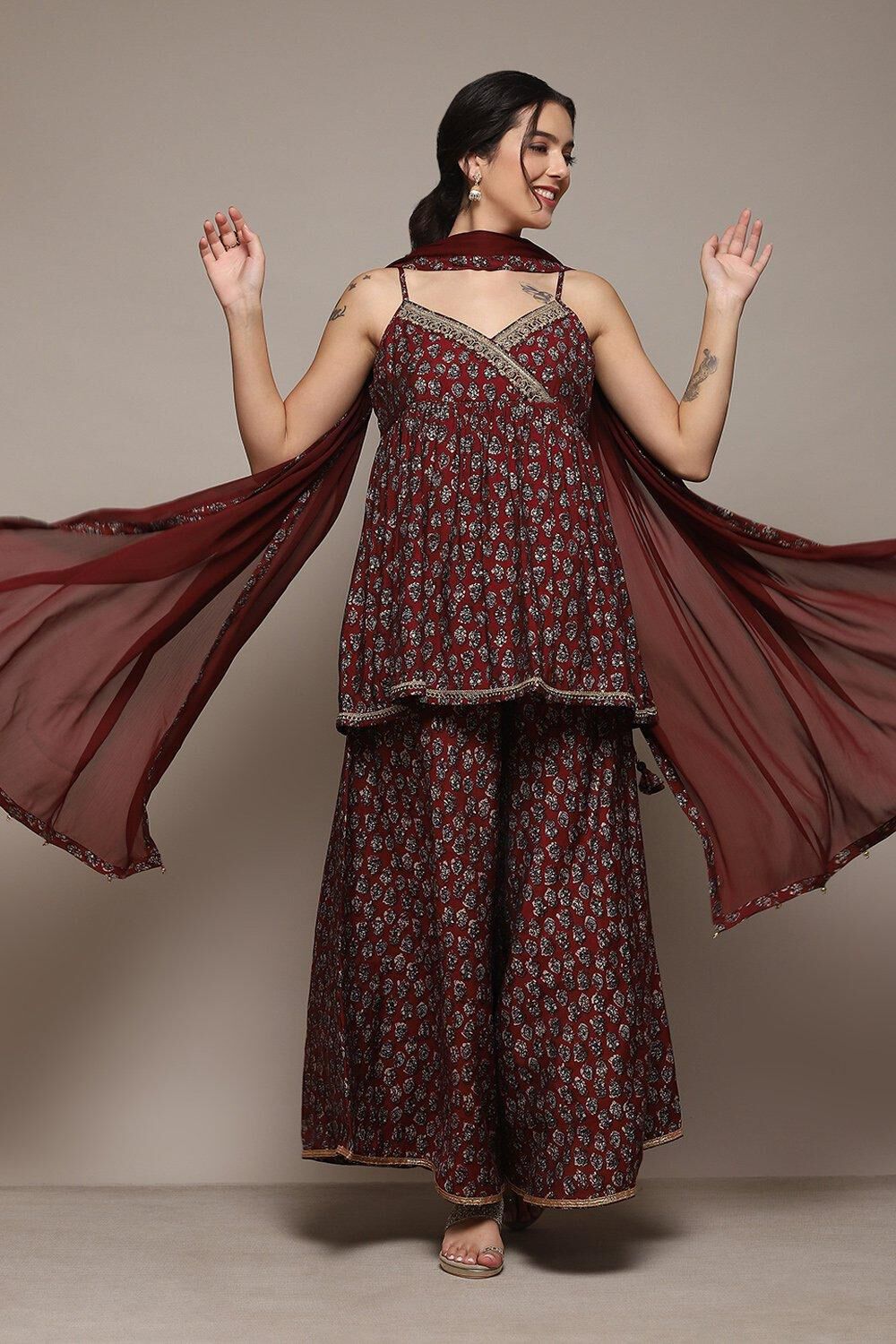 Maroon Cotton Printed Suit Set image number 7