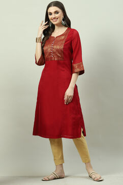 Cherry Red Poly Metallic A-Line Yarndyed Kurta image number 2