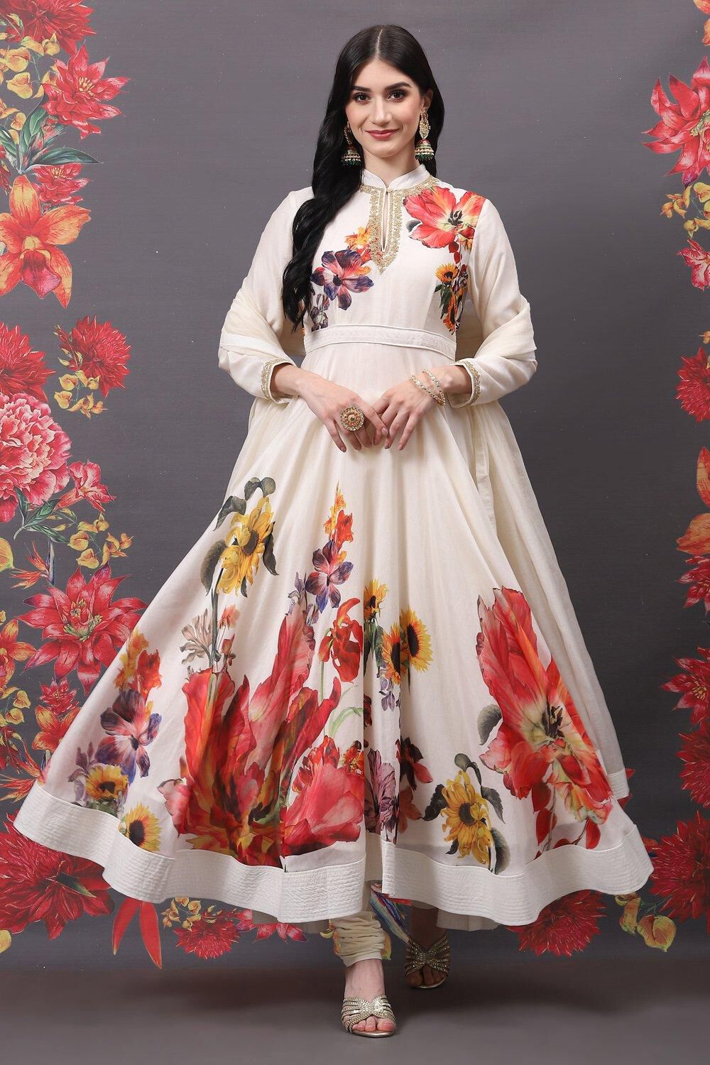Buy Rohit Bal Off White Cotton Silk Anarkali Printed Suit Set
