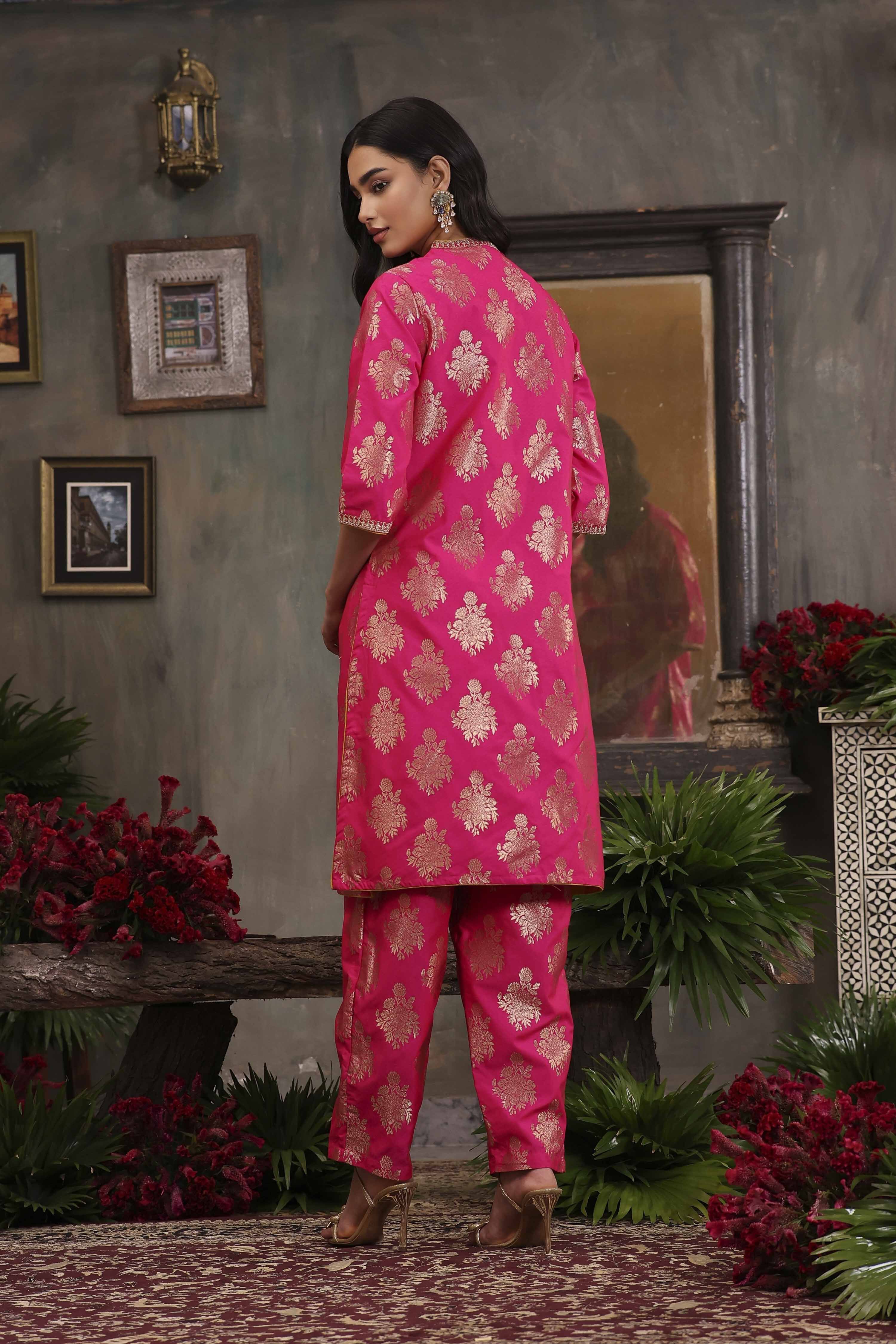 Fuchsia Pink Art Silk Printed Straight Co-ord Set image number 4