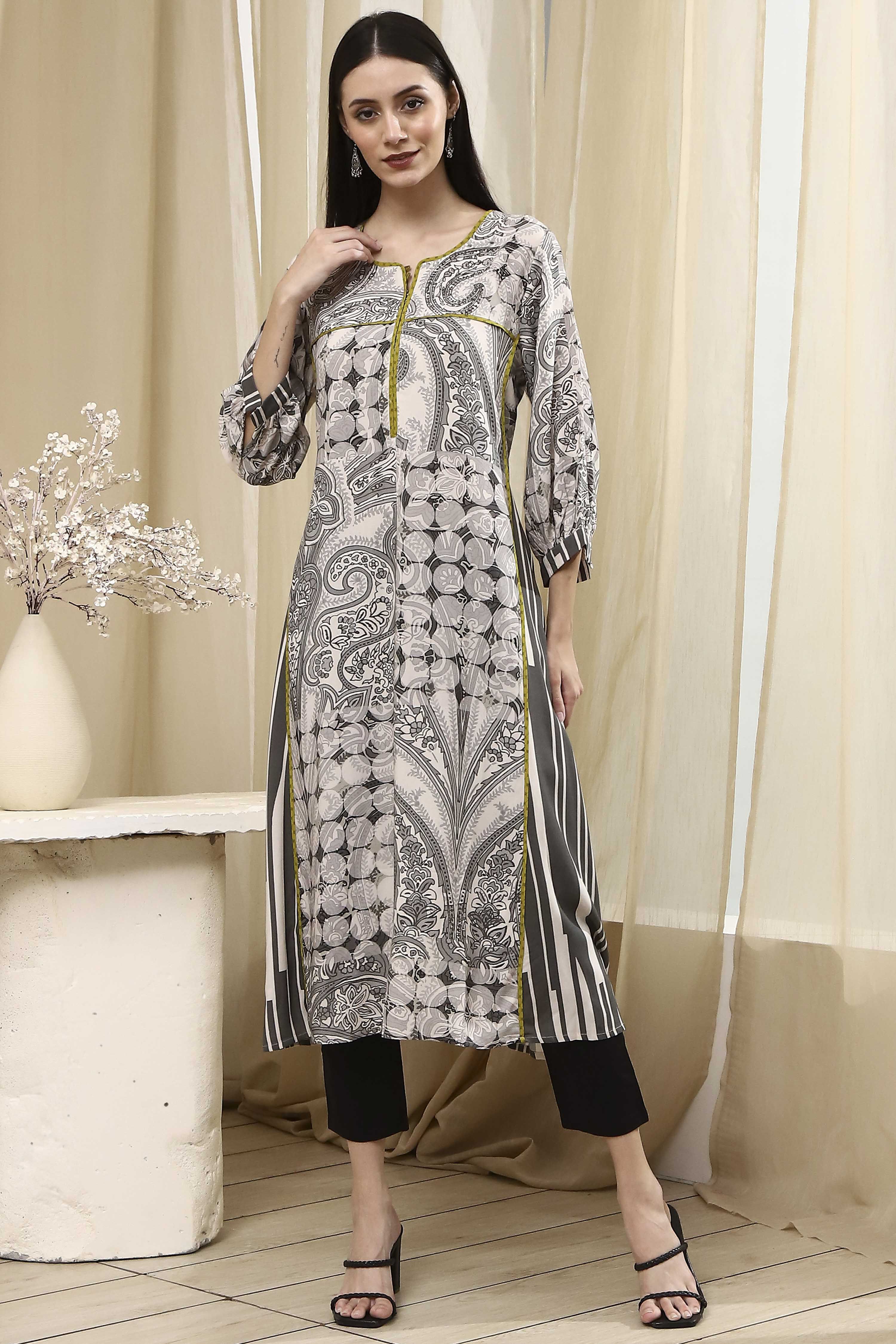 Ivory and Grey Printed Straight Kurta image number 5