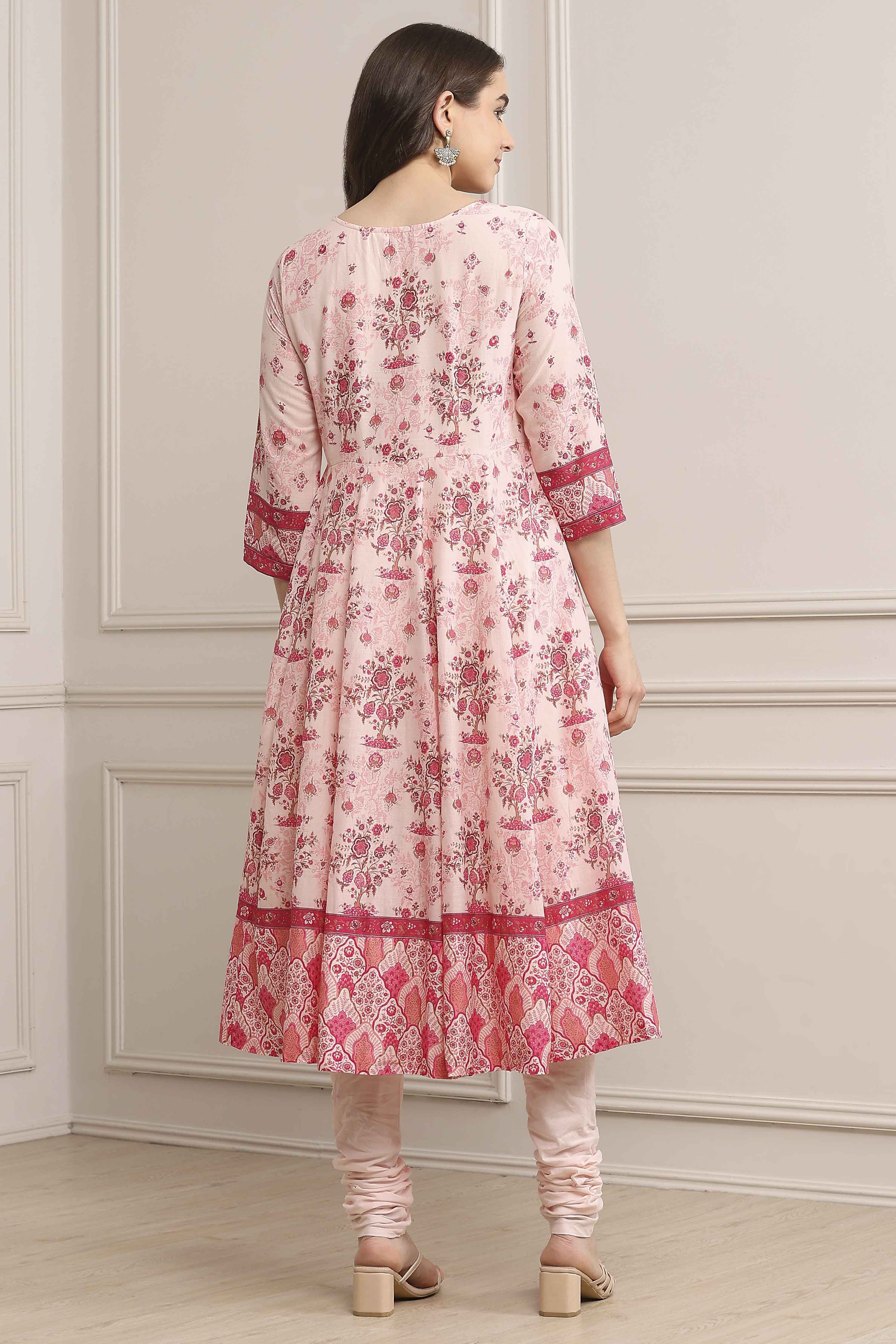 Light Pink Cotton Printed Anarkali Suit Set image number 4