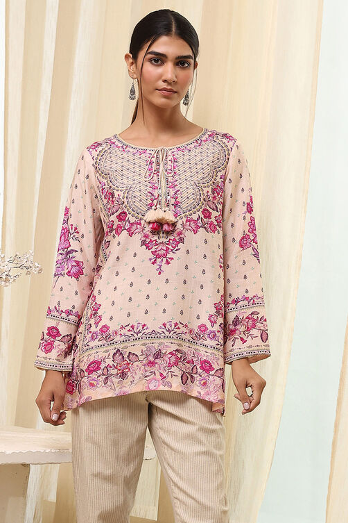 Off-White and Pink Modal Blend Straight Short Kurta image number 5