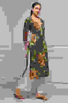 Olive Green Cotton Straight Printed Kurta image number 4