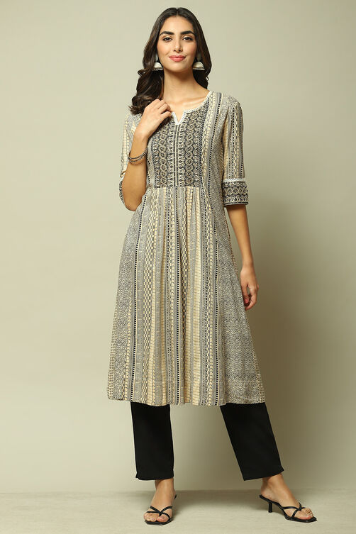 Beige & Black LIVA Straight Printed Kurta image number 0