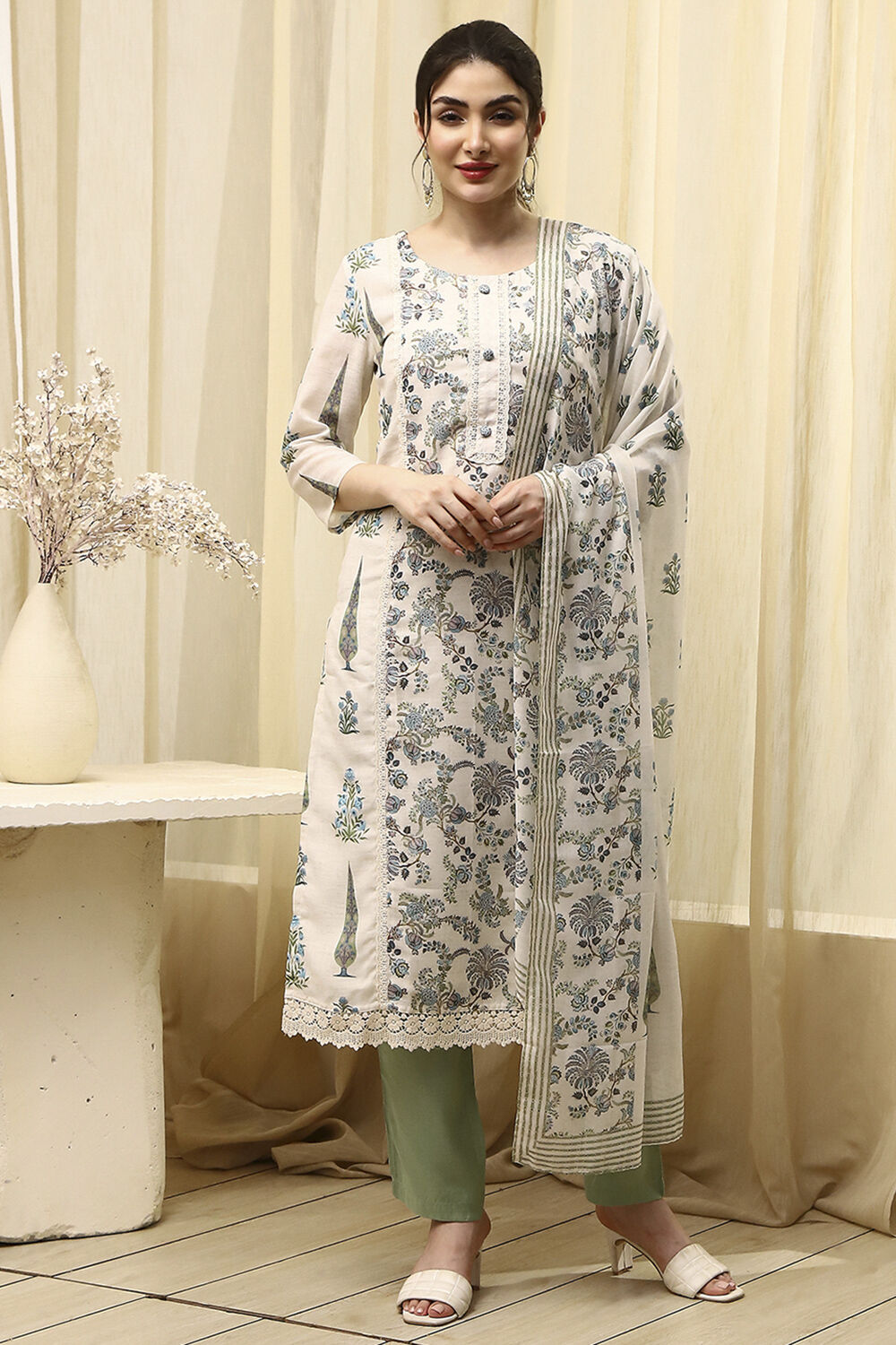 White Blue Cotton Blend Machine Embroidered Unstitched Suit Set image number 7