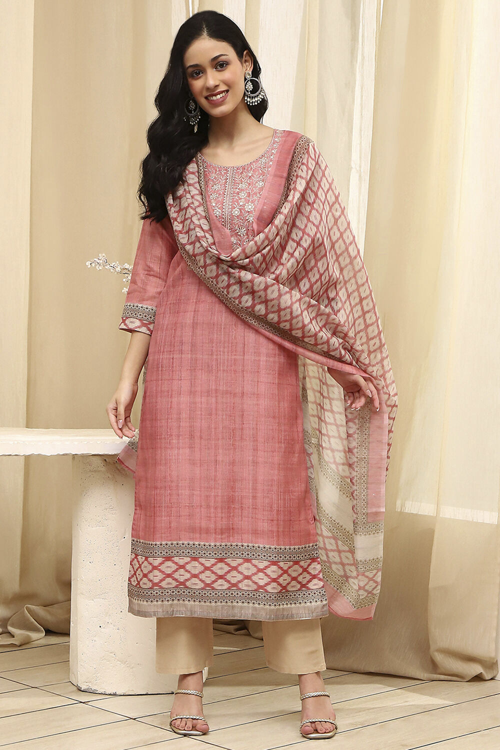 Peach Cotton Screen Print Unstitched Suit Set image number 1