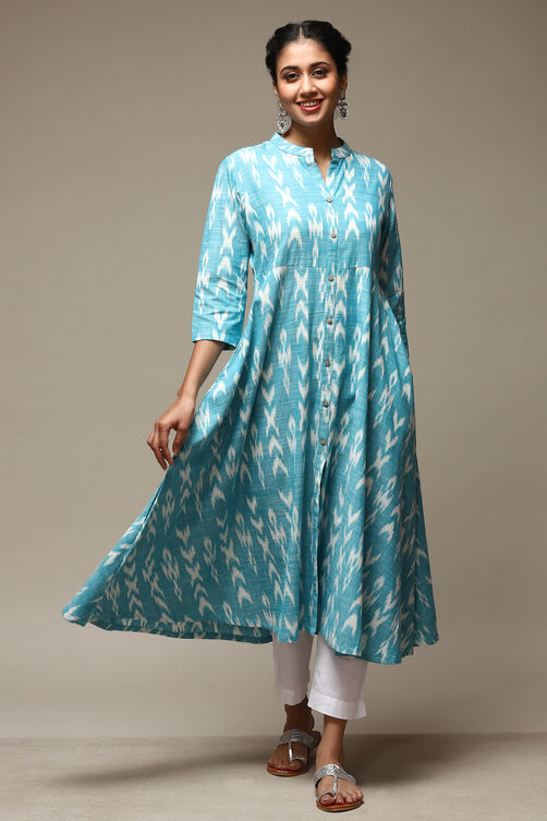 Turquoise Cotton IKAT Flared Yarndyed Kurta image number 5