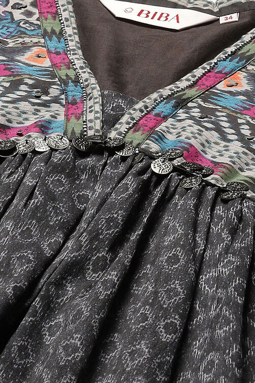 Charcoal Cotton Anarkali Printed Kurta Relaxed Salwar Suit Set image number 2