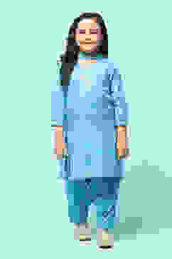 Blue Cotton Straight Printed Kurta Patiala Salwar Suit Set image number 7