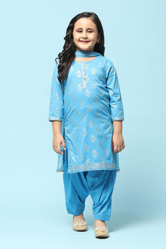 Blue Cotton Straight Printed Kurta Patiala Salwar Suit Set image number 7