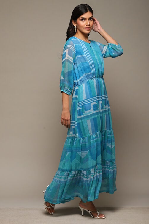 Blue Cotton Blend Tiered Printed Dress image number 3