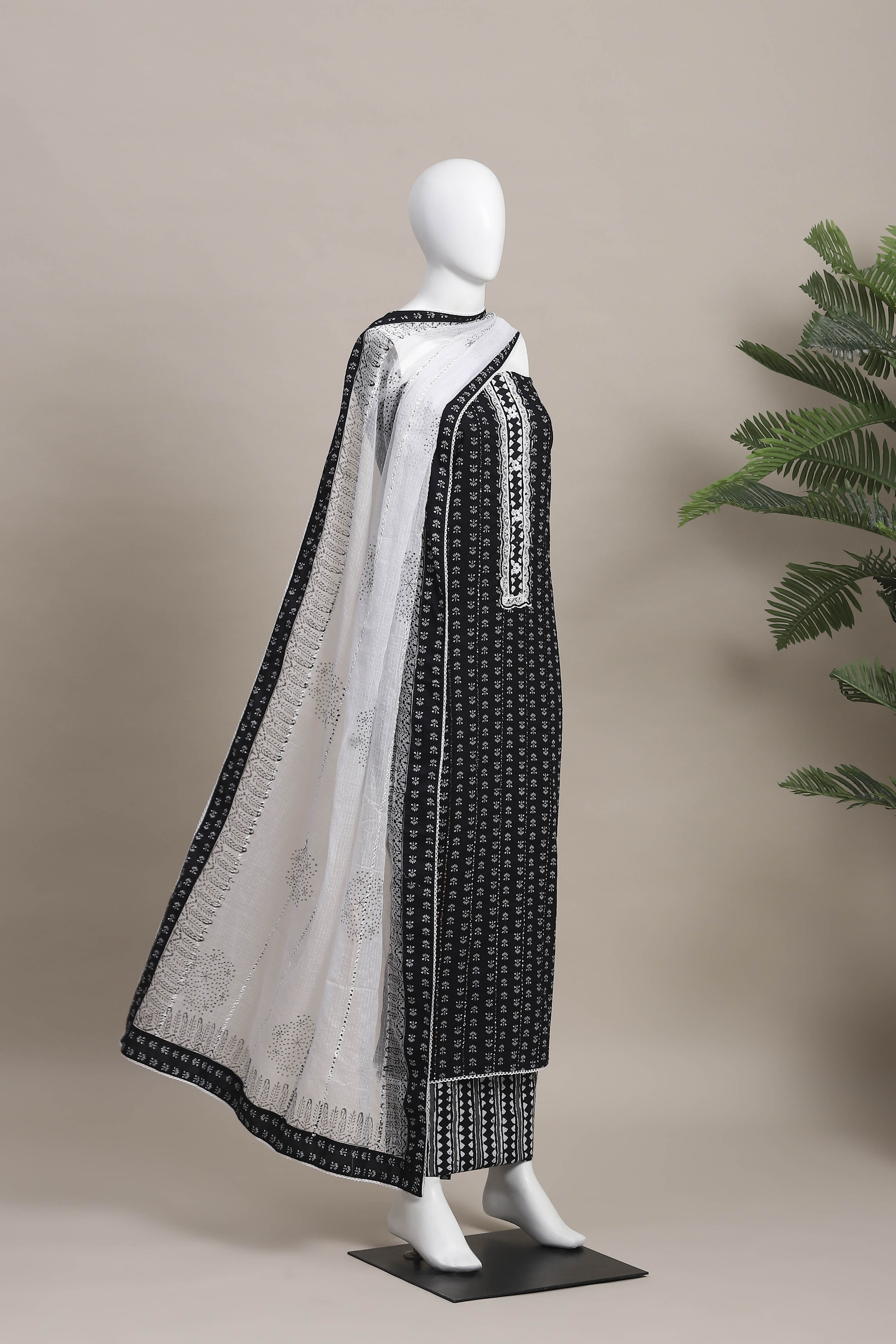 Black Cotton Machine Embroidered Unstitched Suit Set image number 4