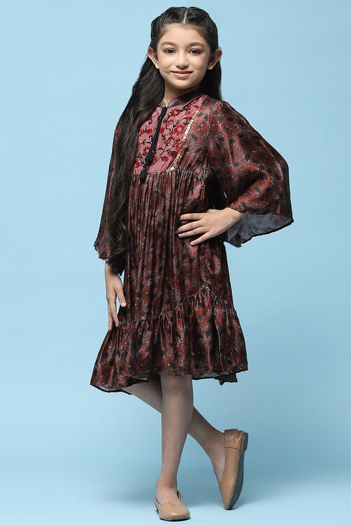 Brown Viscose Satin Tiered Printed Dress image number 2