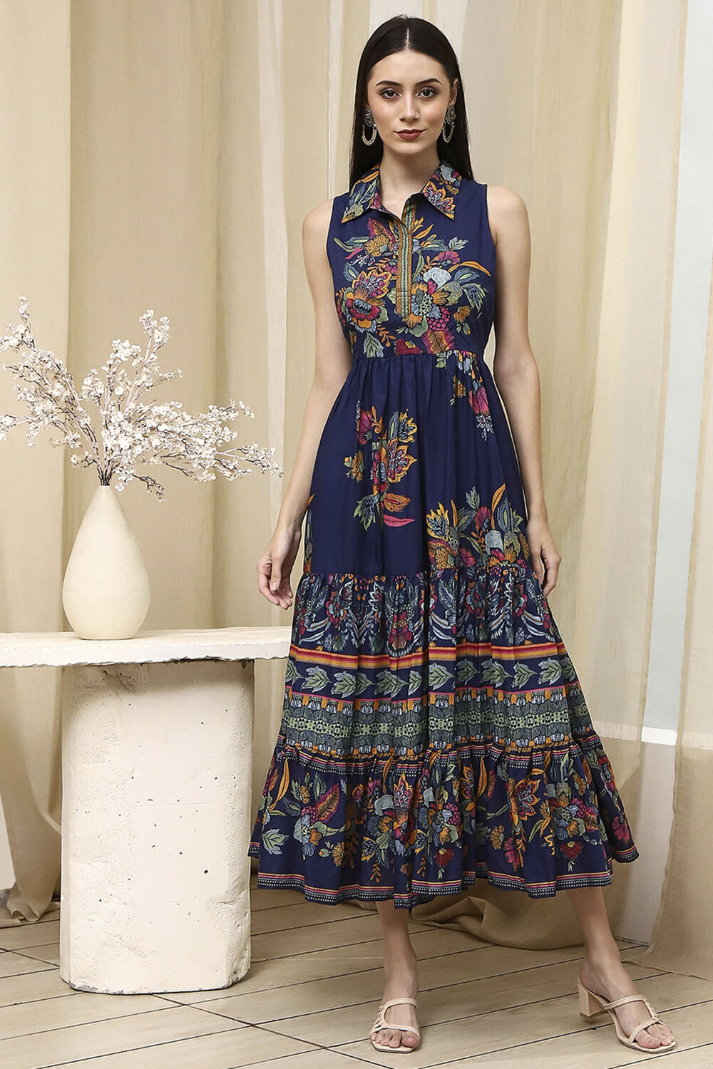 Indigo Cotton Floral Tiered Dress image number 5