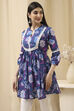 Earthy Blue Cotton Floral Flared Short Kurta image number 2