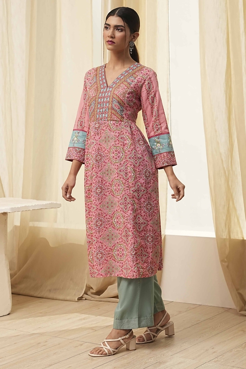 Pink Pure Cotton Printed A-Line Kurta image number 2