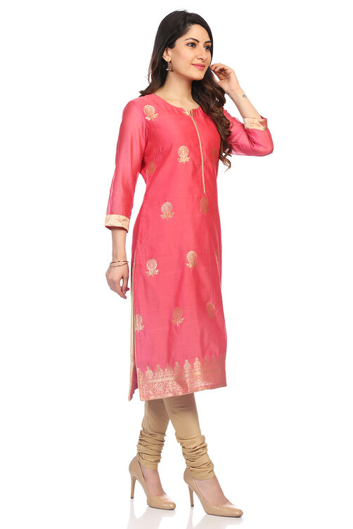 Coral Poly Metallic Cotton Straight Printed Kurta image number 2