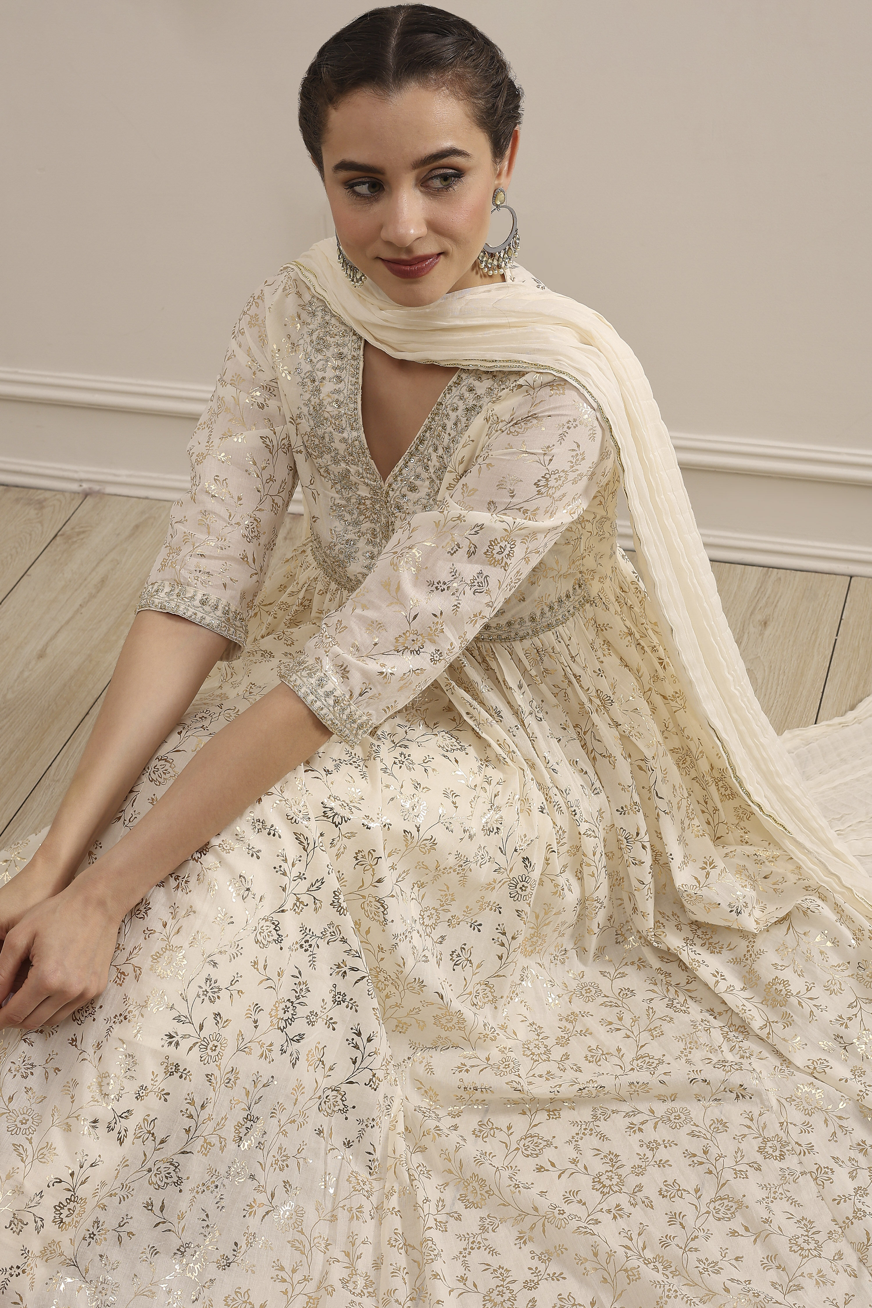 Off-White Cotton Foil Printed Anarkali Suit Set image number 0