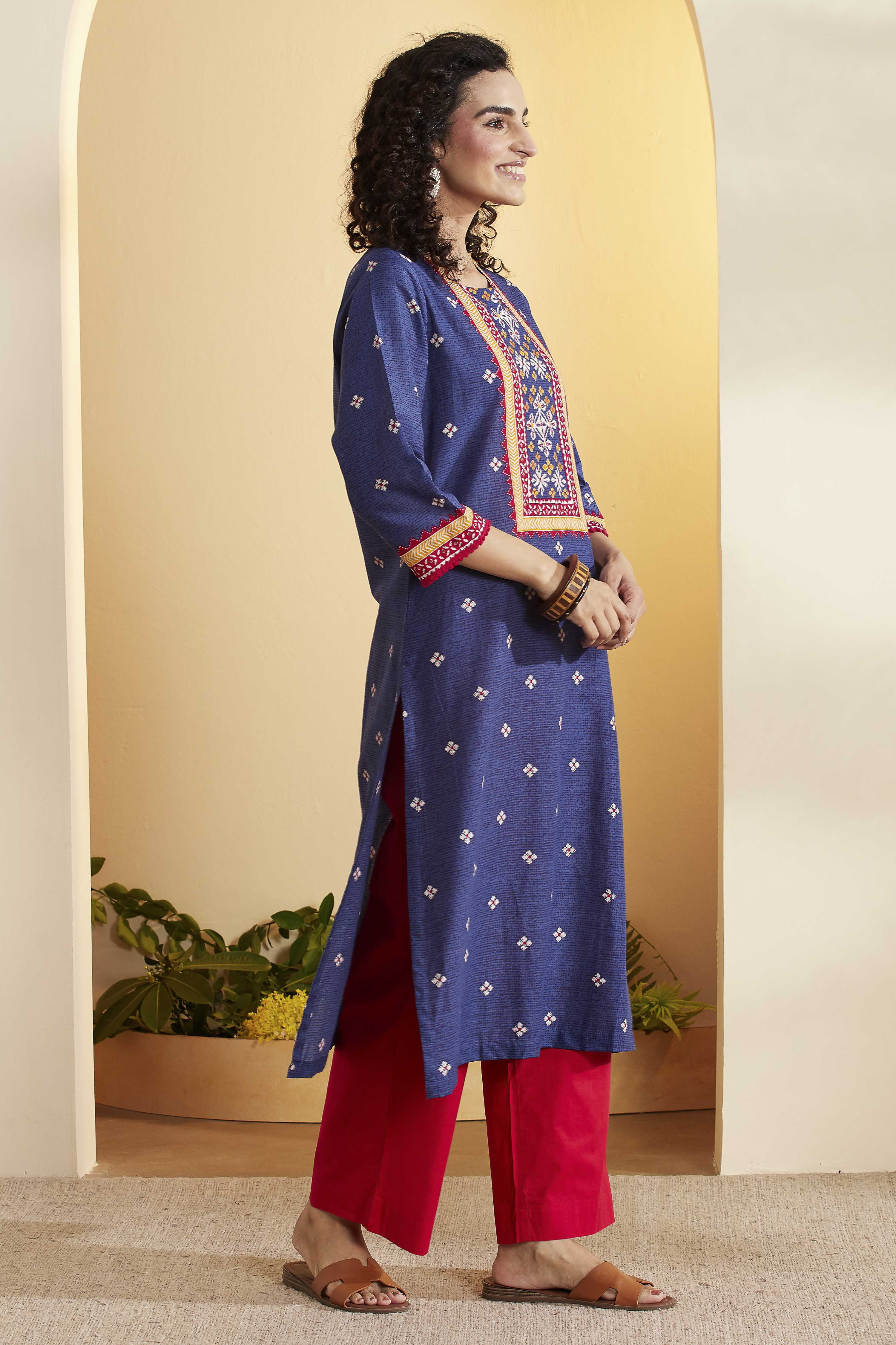 Blue Cotton Printed Straight Kurta image number 3