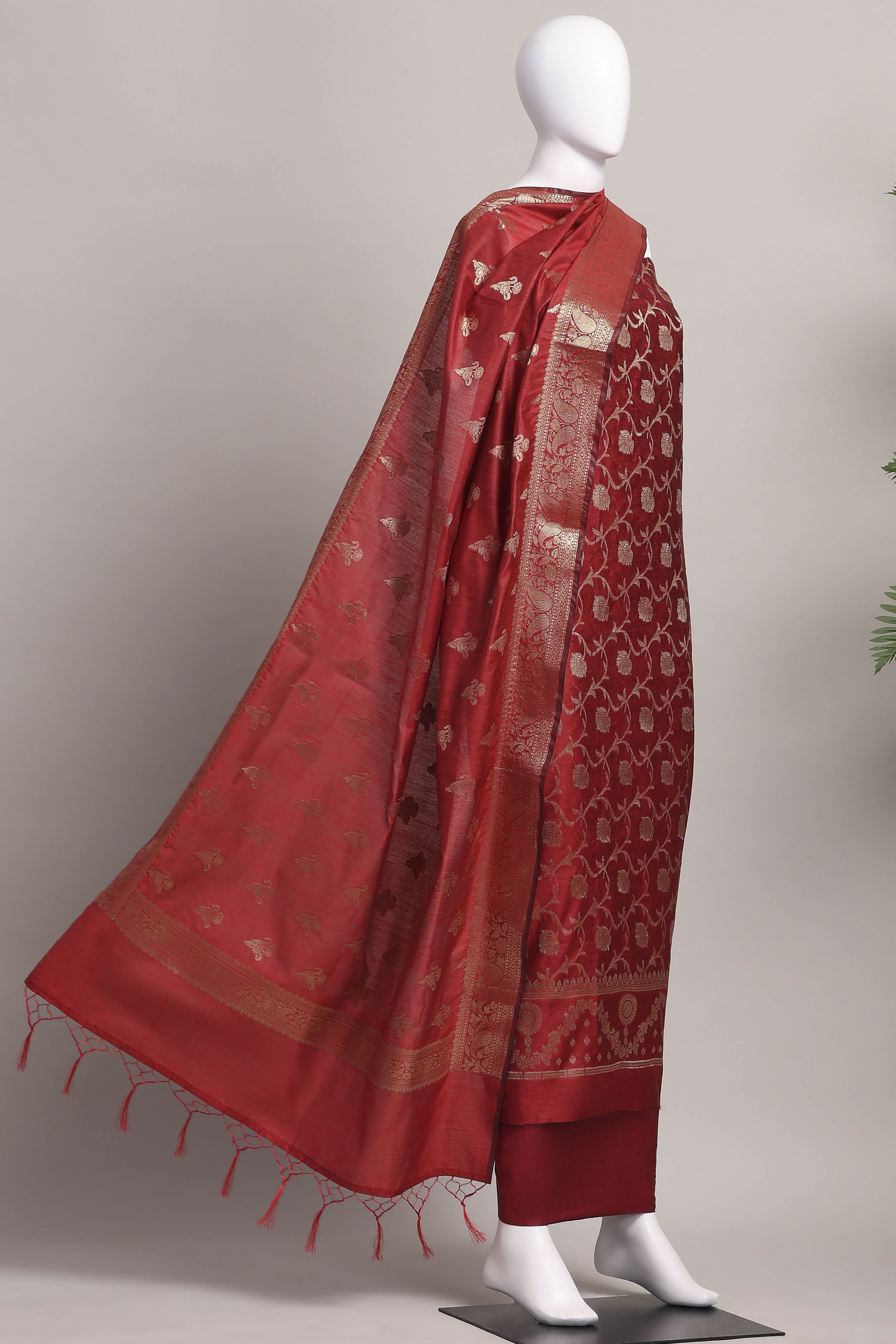 Rani Banarasi Chanderi Banarasi Print Unstitched Suit Set image number 4