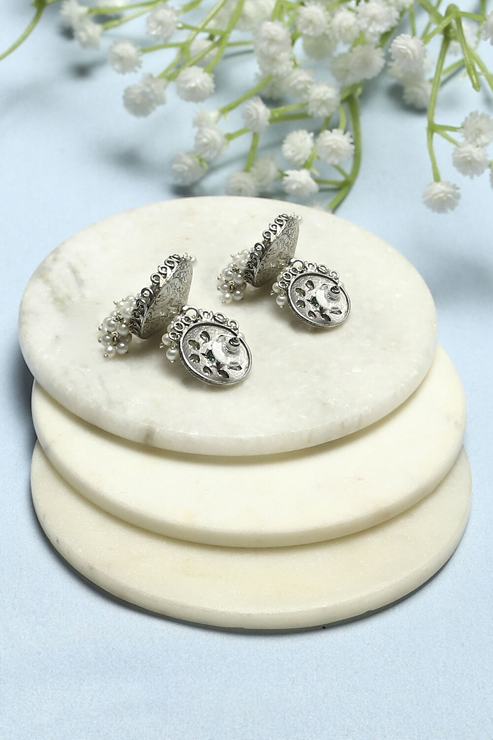 Green Oxidised Stone Studded Dome Shaped Jhumkas image number 2