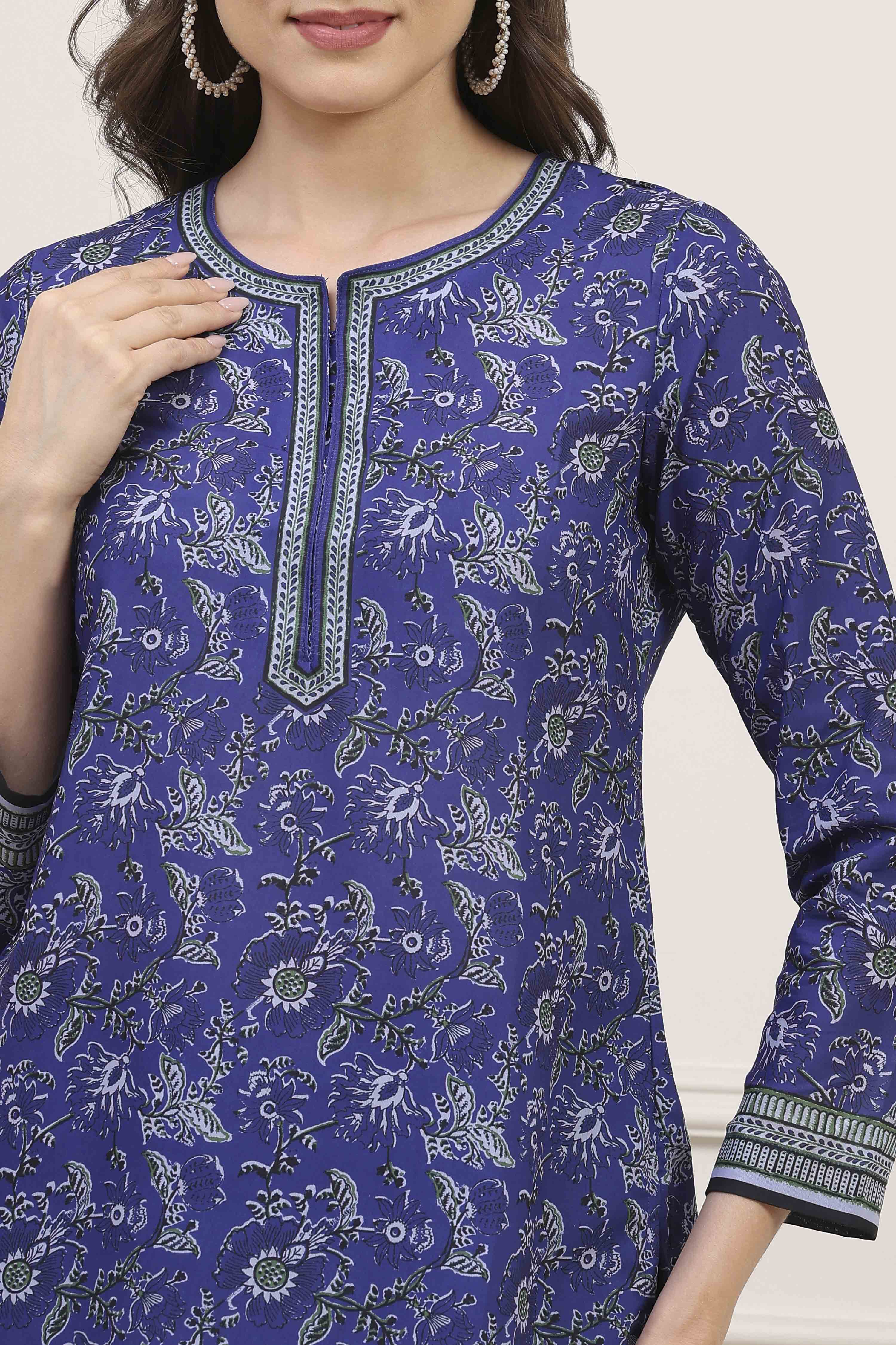 Blue Polyester Printed Straight Kurti image number 1