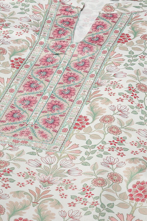 Off White Cotton Screen Print Unstitched Suit Set image number 15