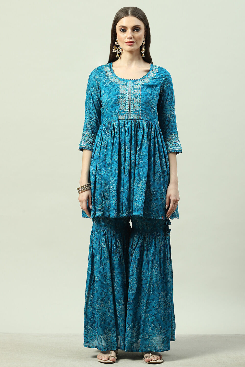 Teal Blue Cotton Anarkali Kurta Garara Suit Set image number 8