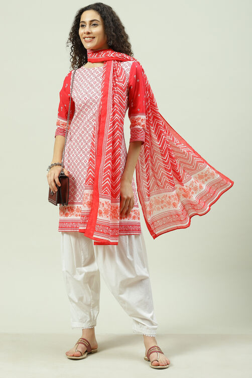 Red And White Cotton Straight Kurta Palazzo Suit Set image number 5