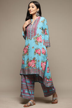 Turquoise Rayon Asymmetric Kurta Palazzo 2 Piece Set image number 3