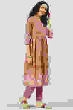 Dusky Pink Printed Cotton Gathered Suit Set image number 5