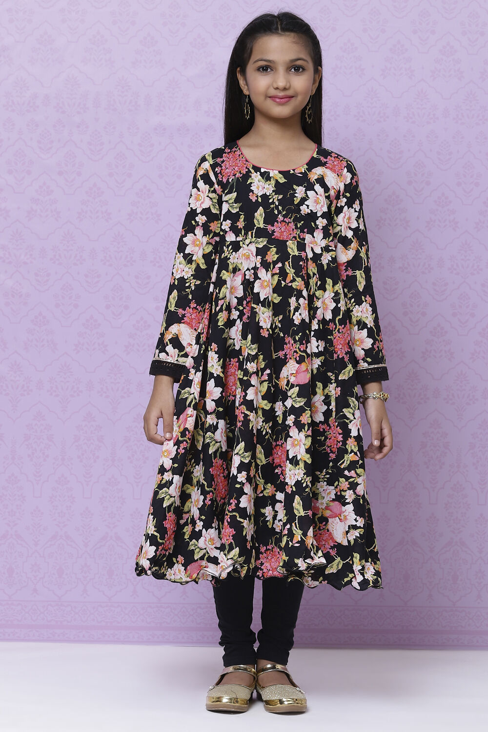 Black Cotton Girls Anarkali Kurta Churidar Suit Set at Biba India